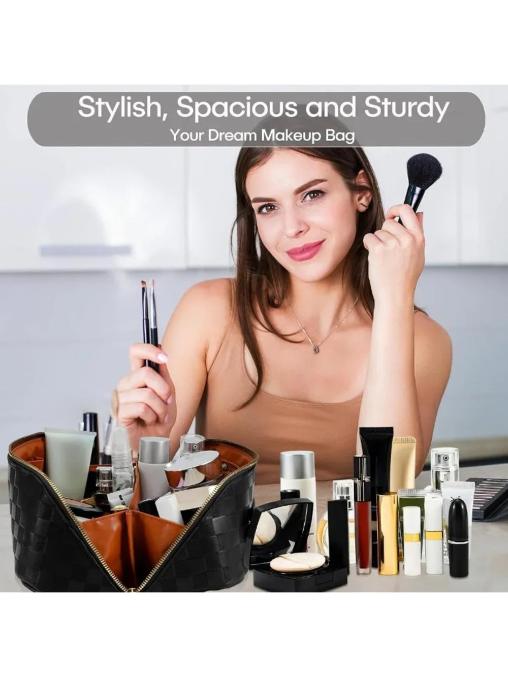 Large Capacity Waterproof Makeup Bag - Portable Travel Organizer with Dividers